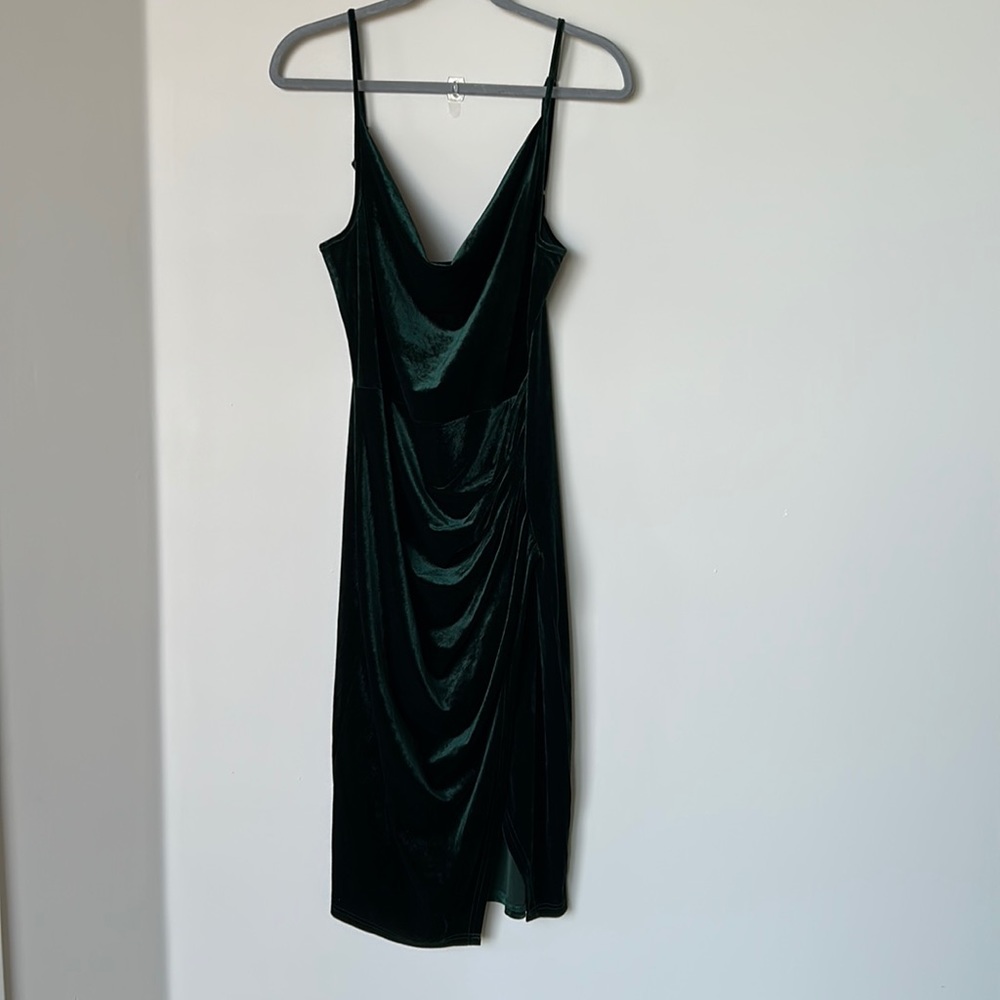 Green velvet women’s cowl neck spaghetti strap dress